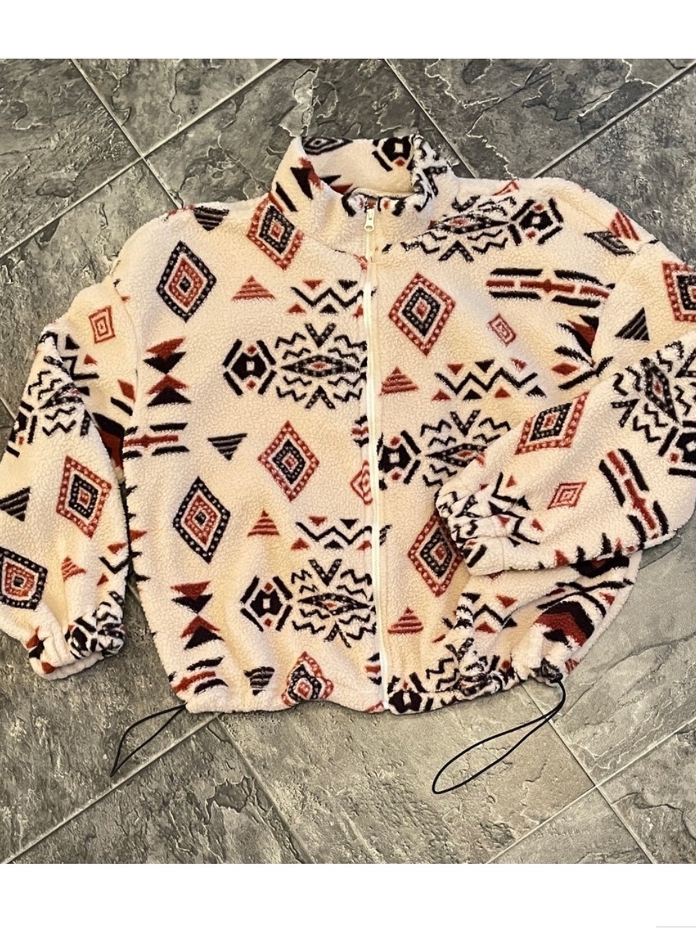 Women’s Sherpa Teddy Fleece Jacket Aztec Geometric Pattern Cottagecore Coastal